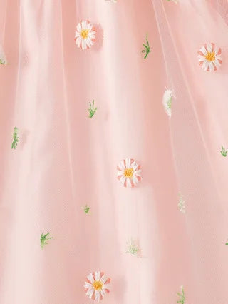 Girls' Autumn Floral Dress, Ribbed Long‑sleeve Spliced with Daisy Embroidery and Tulle Skirt, Gentle‑style Princess Dress for Gi