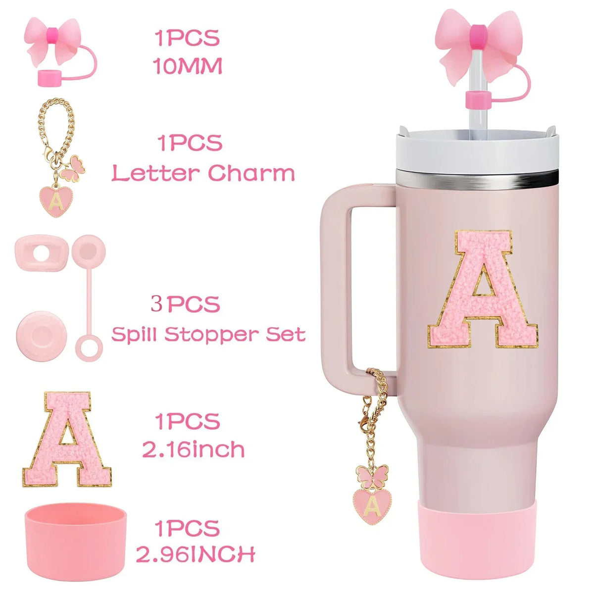 10PCS Accessories Set for Stanley Cup, 2 Straw and Brush and 1 Flower Charm Chain 3 Spill Proof Stopper Flowers Straw Cover Boot
