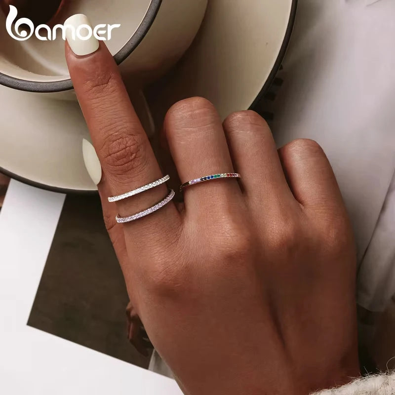 BAMOER 925 Sterling Silver Full Paved Simulated Diamond Stackable Rings, Women Gold Plated Engagement Eternity Bands Colored CZ