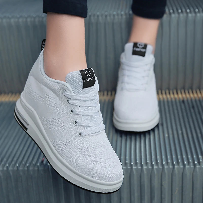 Interior Height Increasing Women Shoes Korean Style White Casual Thick Soled Mesh Flat Shoes Spring Autumn Walking High Heels