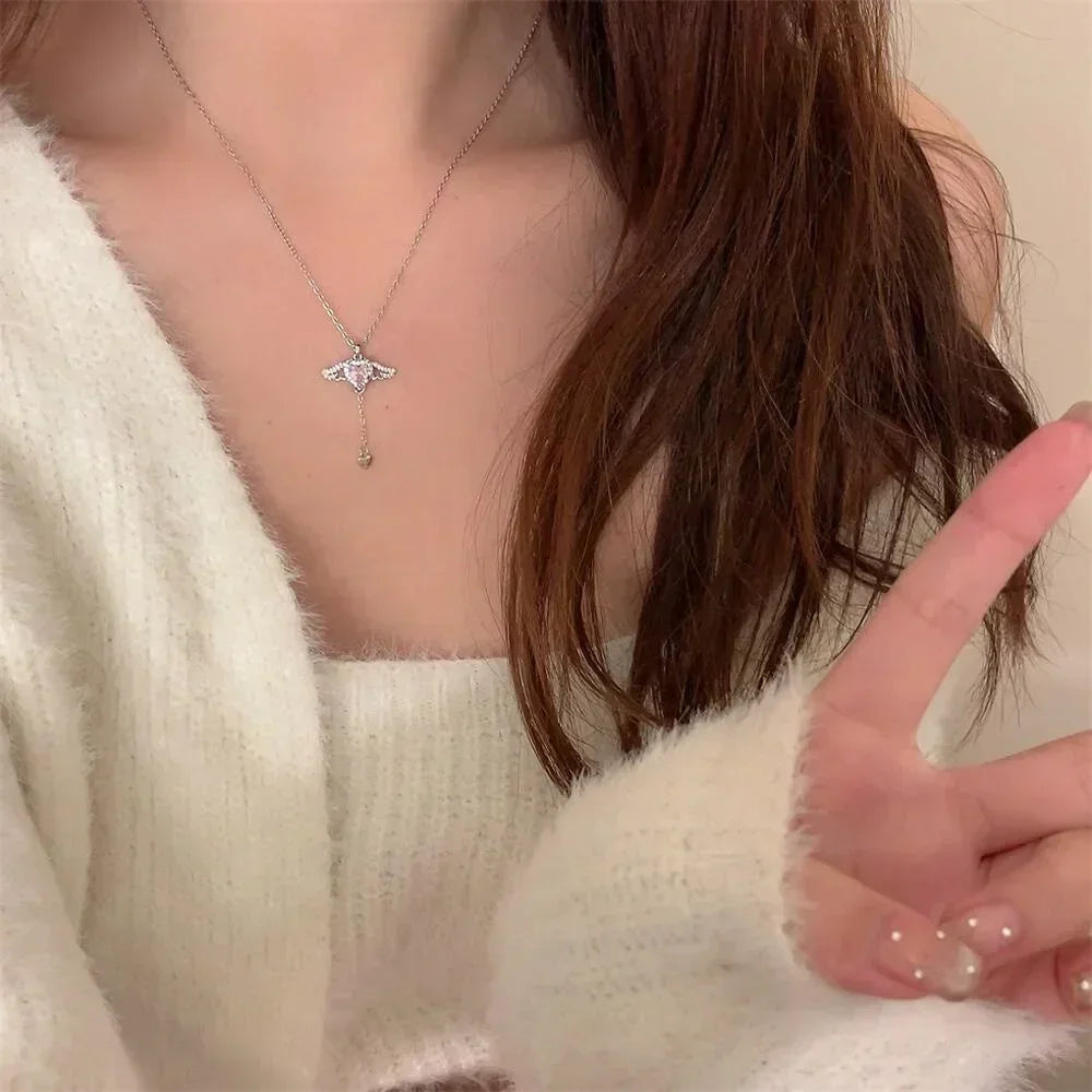FSUNION 2025 Crystal Angel Wings Heart Pendant Necklaces Simple Pink White Zircon Love Elegant Chokers for Women Fashion Jewelry
