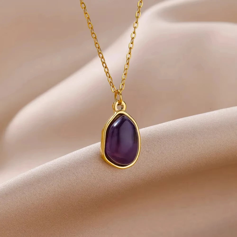 Trendy Oval Colorful Stone Necklace For Women Stainless Steel Gold Color Green Opal Stone Pendant Necklace Aesthetic Jewelry Gif