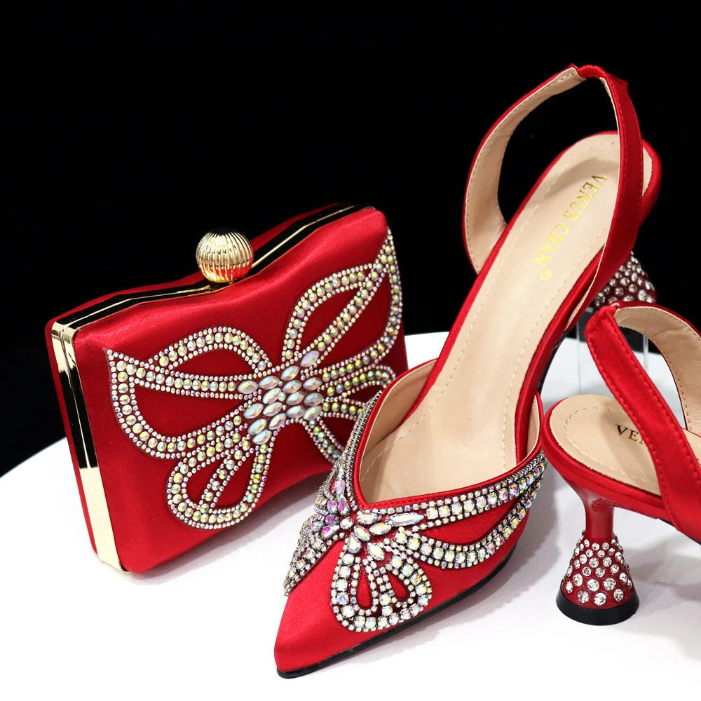 Venus Chan New Elegant Green Bling Bow Pointed Toe Pumps for Women 2024 Party italian Rhinestones shoes and bags matching set