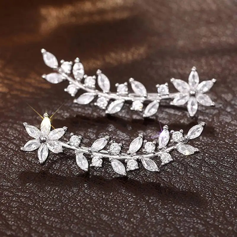 Huitan Aesthetic Flower Stud Earrings Climb Ear Earrings Exquisite Women's Ear Accessories with Dazzling CZ New Fashion Jewelry