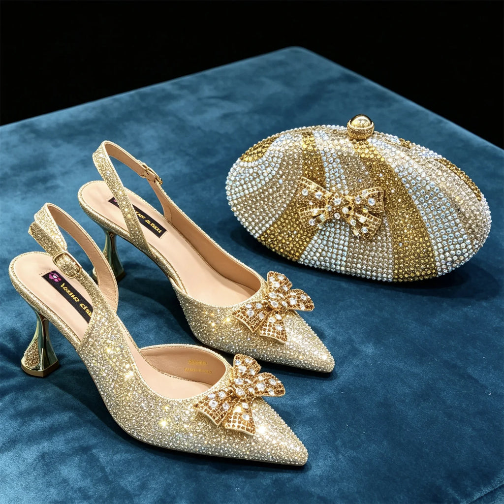 Elegant Nigerian-Inspired Rhinestone High Heels with Orange Mini Oval Bag - Stylish Women's Shoes for Special Occasions