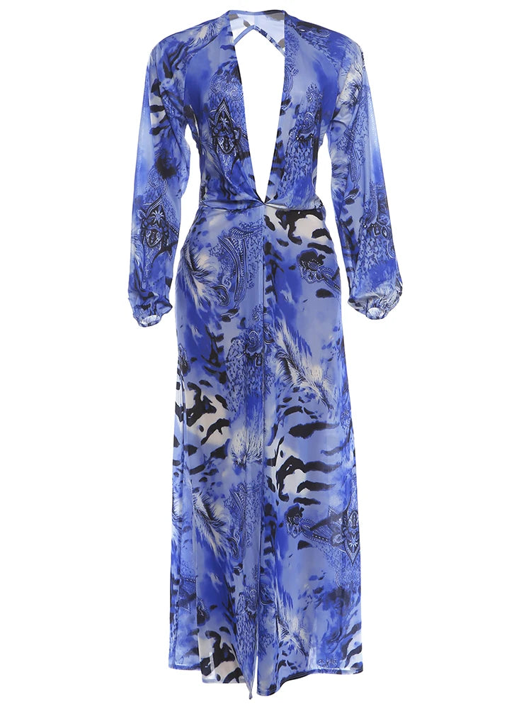 Sisterlinda Backless Long Dress Woman Autumn Trend Deep V-Neck Tiger Stripe Print Lantern Sleeve Beach Party Elegant Vestidos