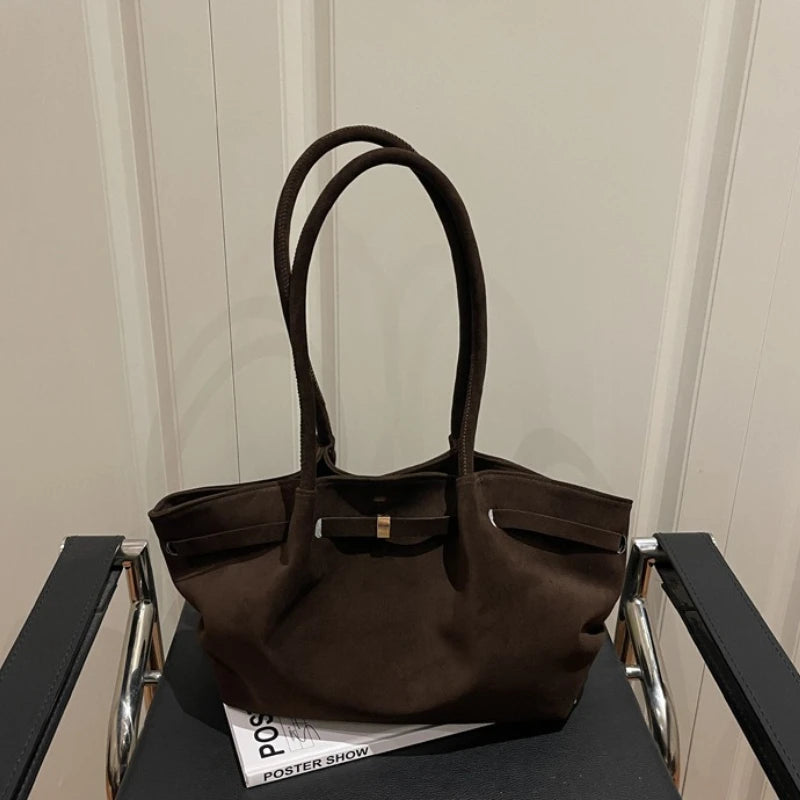 Vintage Suede Shoulder Bag for Women, Minimalist Large Capacity Tote Bag, Elegant Retro Shoulder Purse for Daily Dating Travel