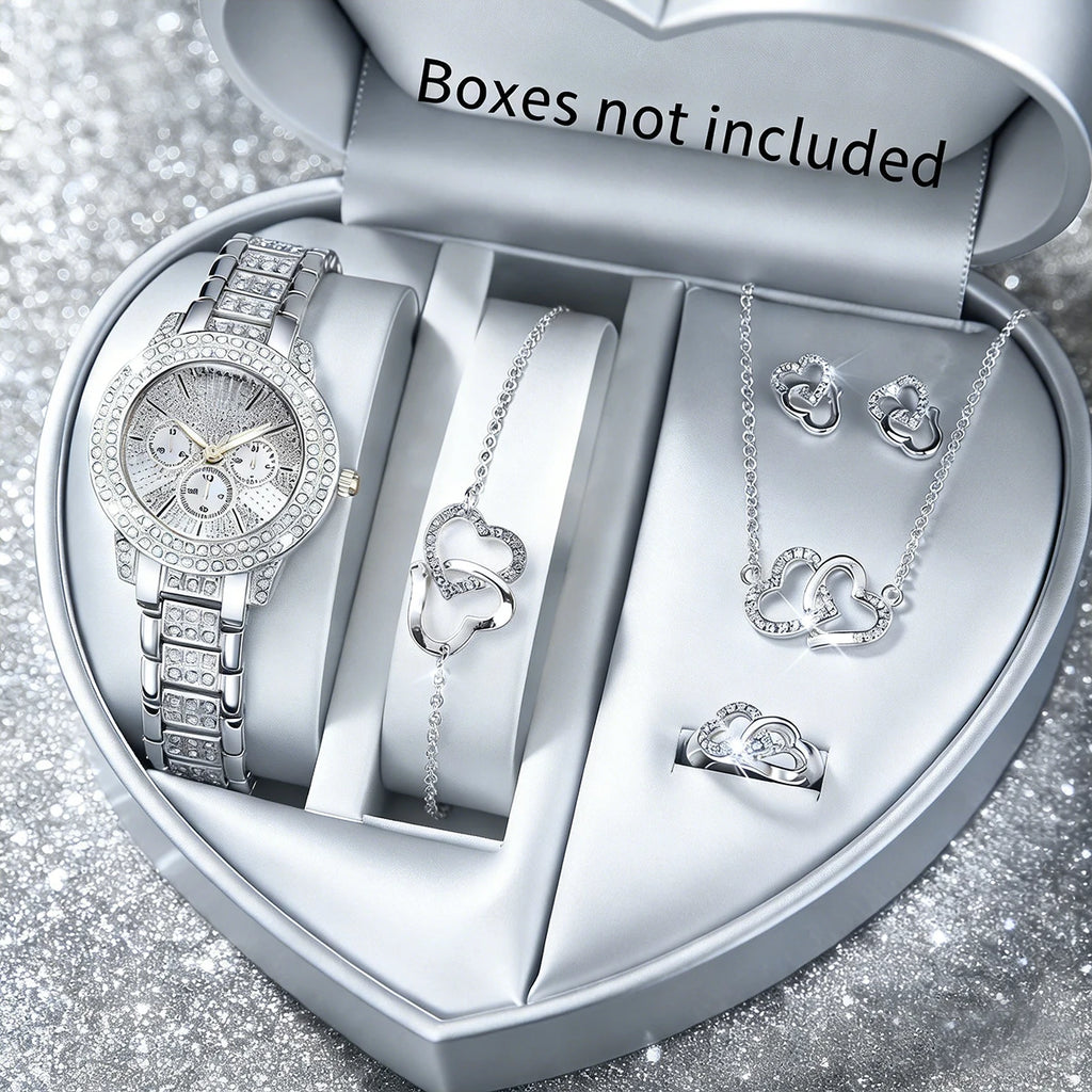 5pcs women's watch set, fashionable and casual women's quartz watch and necklace, ring, earring accessory set