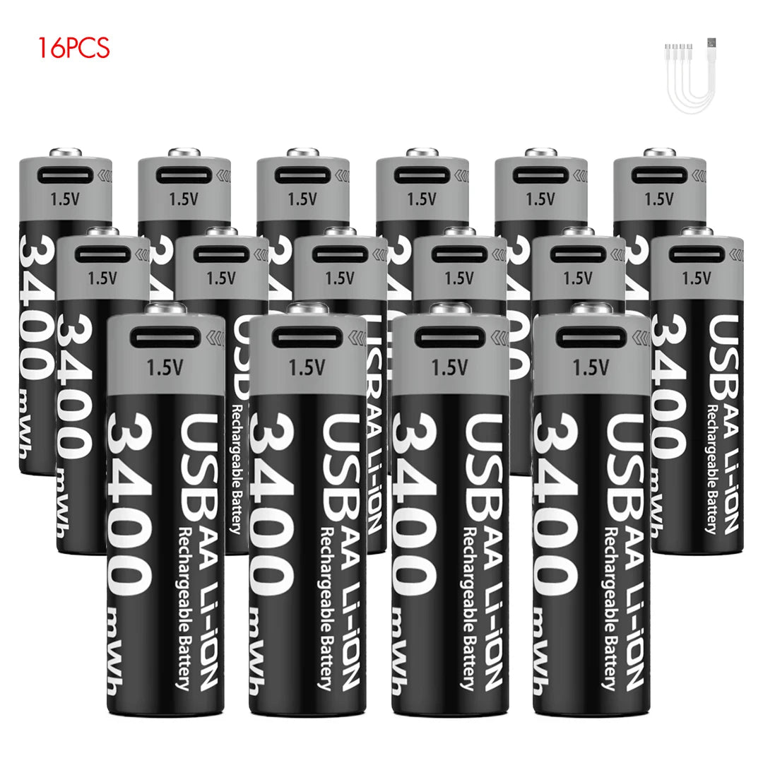 Kuugro High Capacity 1.5V 3400mWh AA Rechargeable Battery USB Type-C AA Li-ion Battery for Remote Control Smart Door Lock Toy