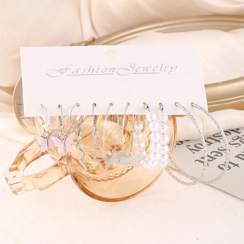 Women's Pink Butterfly Earrings Swirly Dangles/Imitation Pearl /Textured Silver Color Hoop Earrings Diverse Earring Set