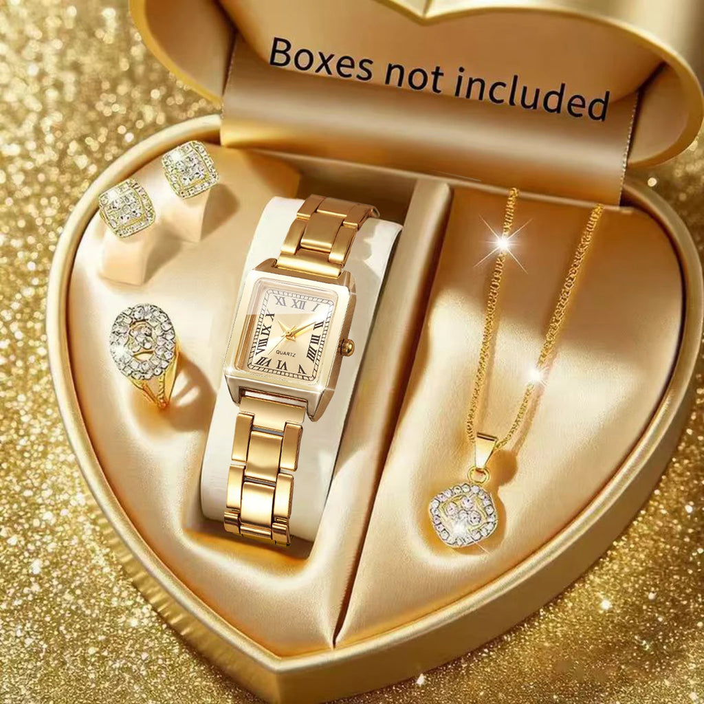 5PCS Fashion Women Quartz Watch Rhinestone Jewelry Set Elegant Square Dial Wristwatch Clock Gift Reloj Mujer（Without Box）