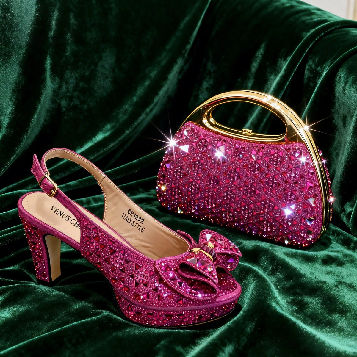 Chic Green Rhinestone Peep-Toe High Heel Sandals and Elegant Matching Bag Set for Women's Parties and Weddings - Italian Design