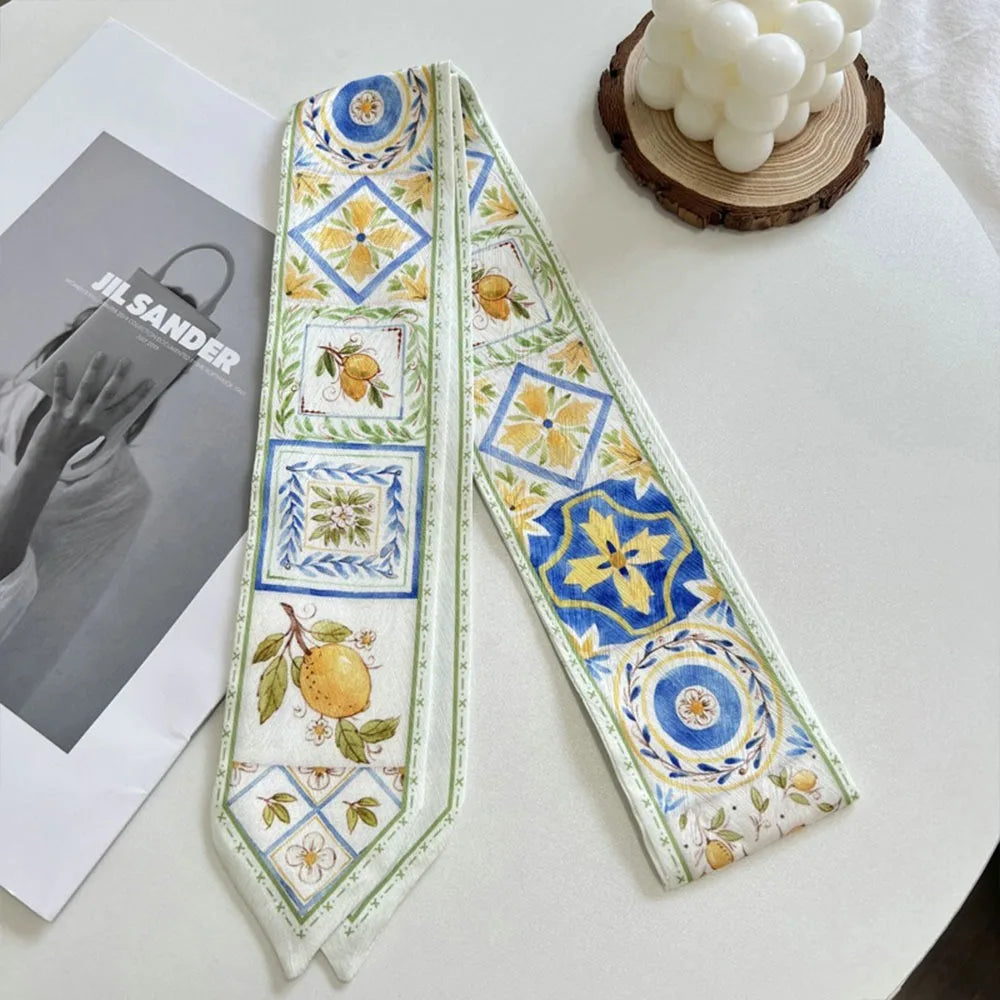 Summer Versatile Satin Silk Ribbon Scarf Long Thin Narrow Bag Strap Fresh Floral Hair Tie for Women