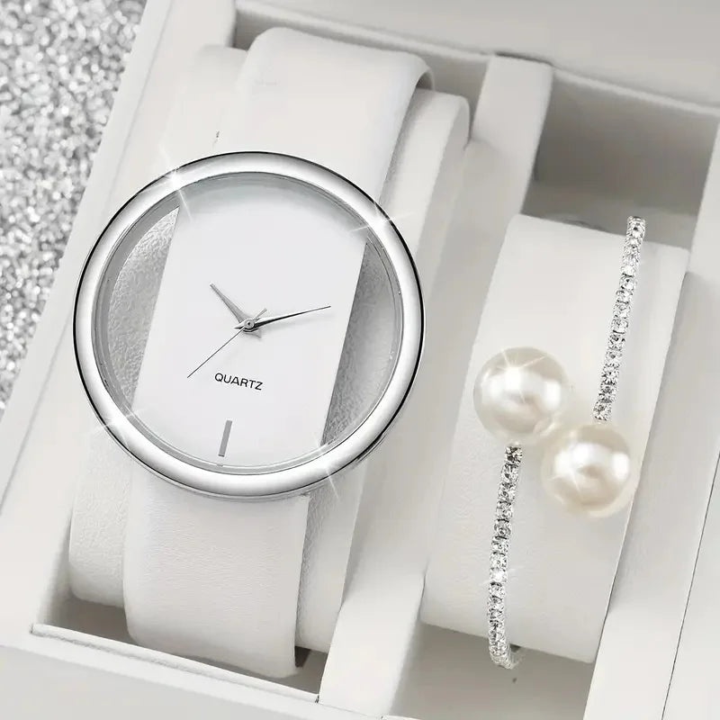2pcs Fashion White Simple Watch Rhinestone Pearl Bracelet For Women Quartz Watch Bracelet Set