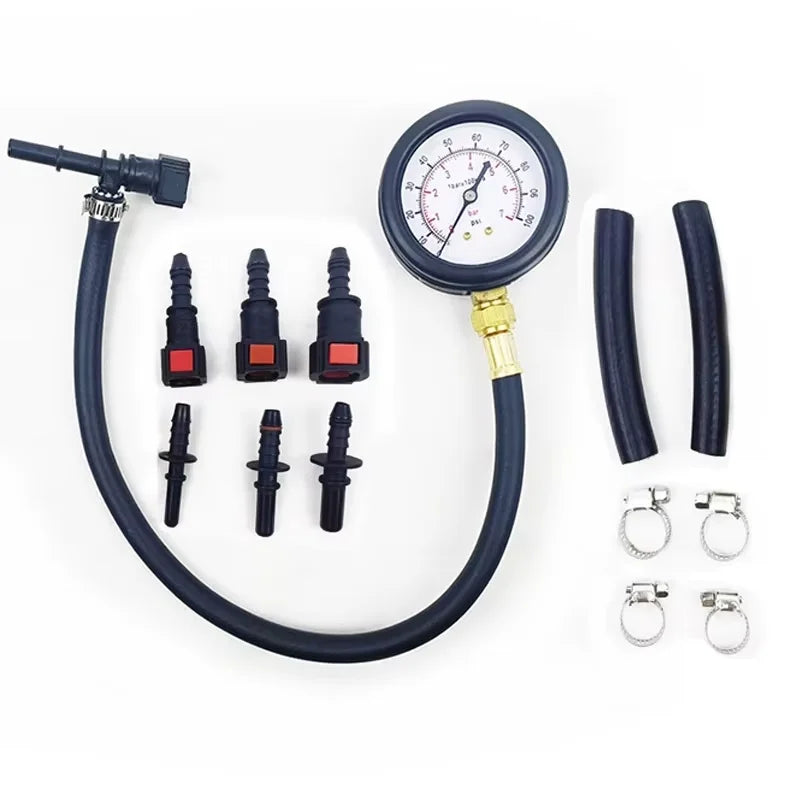 HTMCK Auto & Motorcycle Pressure Test Gauge Kit 0-100PSI with Valve, 63mm Dial, 789mm 949mm Hoses, Vehicle Maintenance Measuring