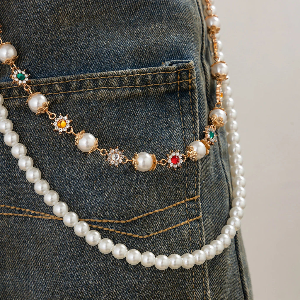 Salircon 2026 Exquisite Luxury Imitation Pearl Keychain Wallet Belt Chain Men Punk Trousers Hipster Pant Chain HipHop Jewelry