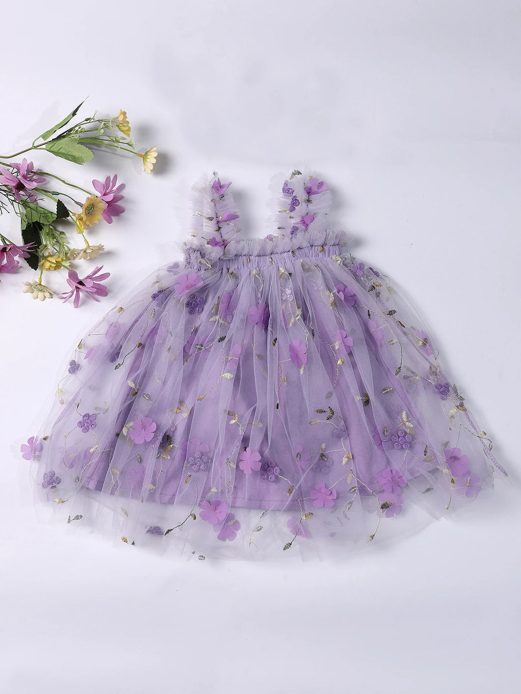Toddler Baby Tutu Dress Sleeveless Embroidery Lavender Floral Print Tulle Dress Little Girl Princess Dresses And Flower Headband