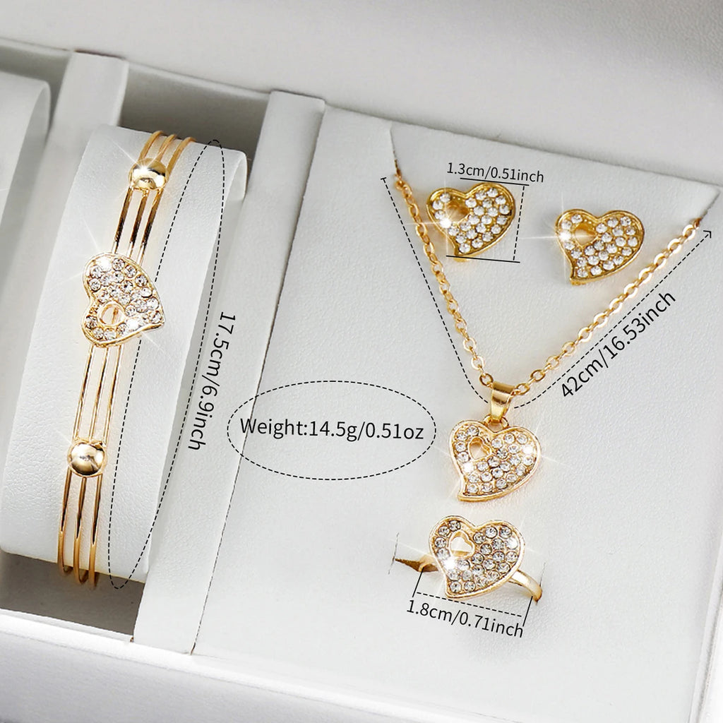 6PCS/Set Women's Watch Fashion Gold Steel Band Arabic Dial Quartz Watches Heart Jewelry Set（Without Box）