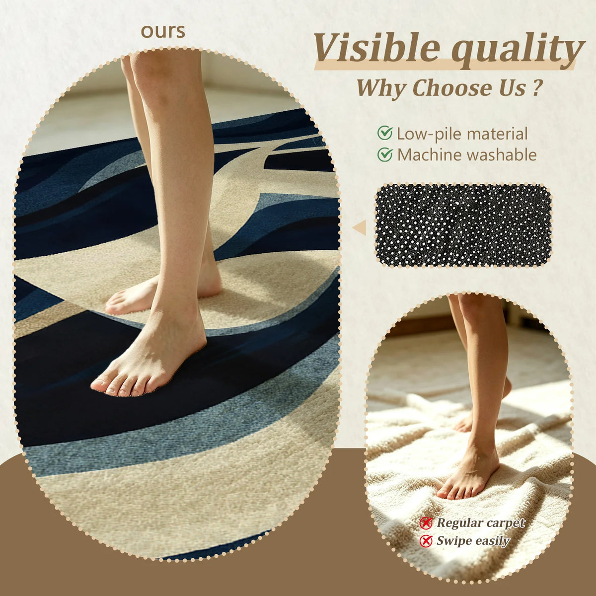 Large Indoor Area Rug, Soft Velvet Low Pile, Non-slip Dotted Backing, Machine Washable, Abstract Wavy Navy & Beige Pattern for Living Room and Bedroom