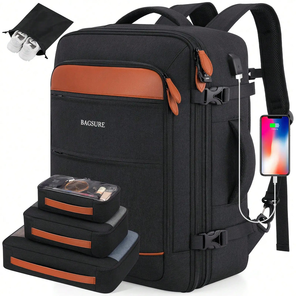 5PCS Travel Backpack Carry On Backpack 42L Flight Approved, Expandable Laptop Backpack With Packing Cubes & Shoe Pocket