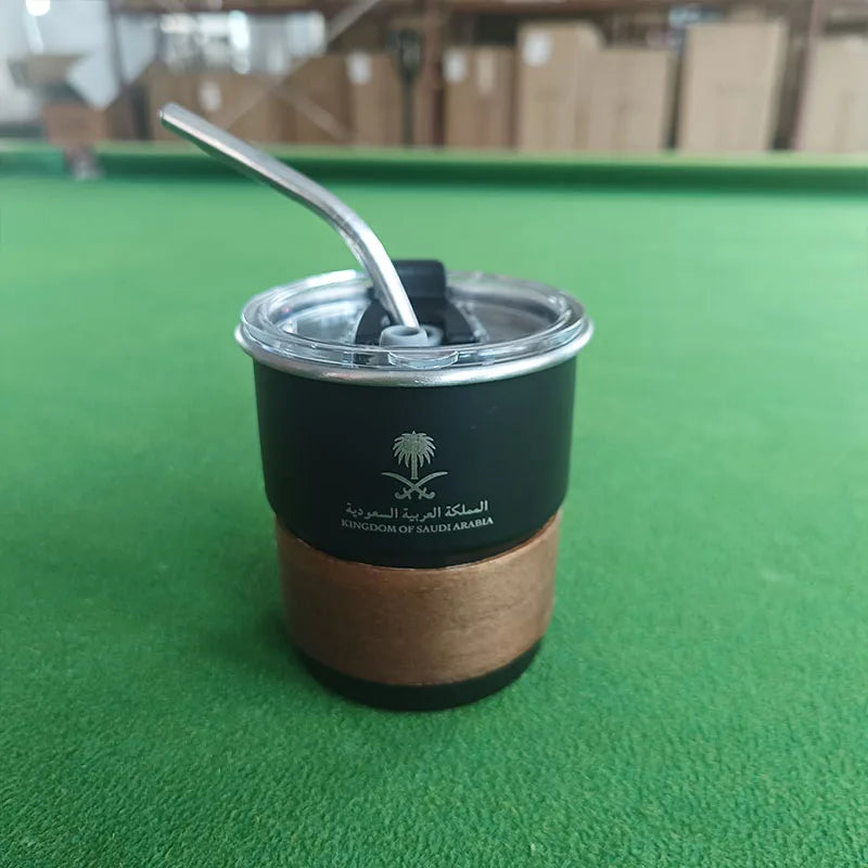 National Emblem of Saudi Arabia Logo Stainless Steel Cup Beer Mug with Lid wood 300ml Outdoor Camping Coffee Mug Includes straw