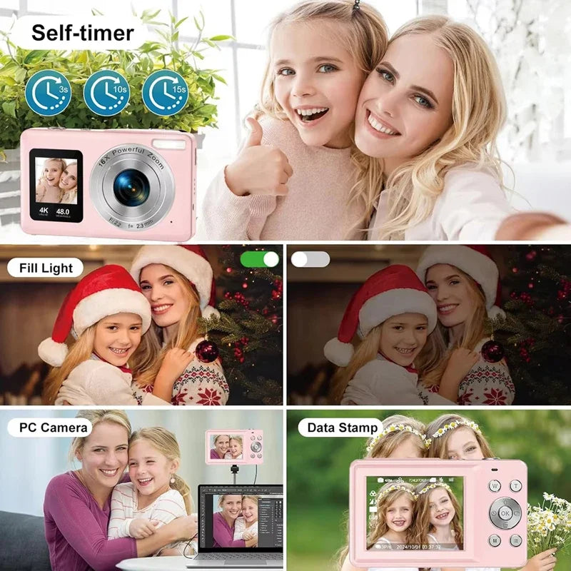Lenovo 4K Digital Camera 48MP Dual Screen, Auto Focus Anti-Shake 16X Zoom, Vlogging Camera with 64GB SD Card, Compact Travel