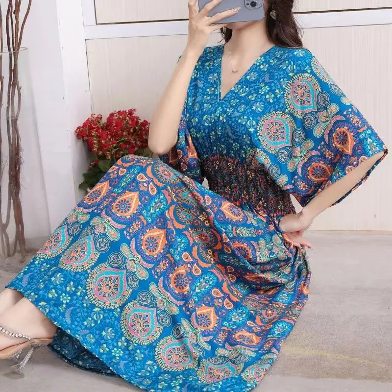 2025 Summer New Casual Elegant Retro Bohemian Style V-neck Elastic Waist Large Swing Printed Long Skirt Autumn Summer Dress