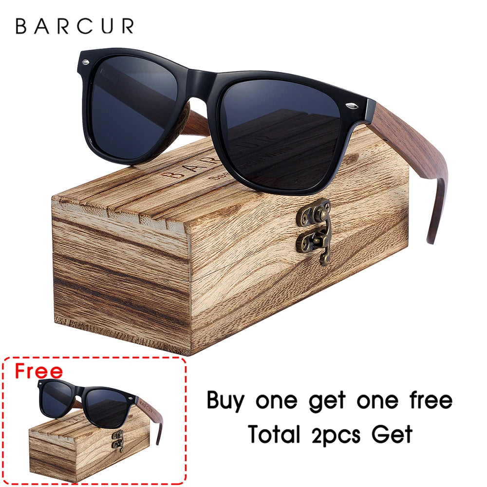 BARCUR Black Walnut Wood Sunglasses for Man Polarized High Quality Sqare Sun Glasses Men UV400 Eyewear Accessory Original Box
