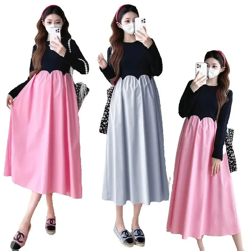 2025 French Style Pregnant Women Elegant Dress Plus Size Long Sleeve O-Neck High Waist Maternity A-Line Dress Long Loose Clothes