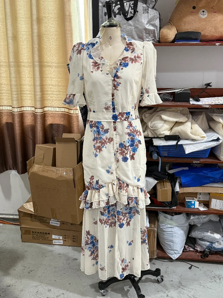 Pink Floral Print Maxi Dress V-neck Ruffle Trim Flare Women Sleeve Ruched High Slit Chiffon Dresses Elegant Evening Party Robe