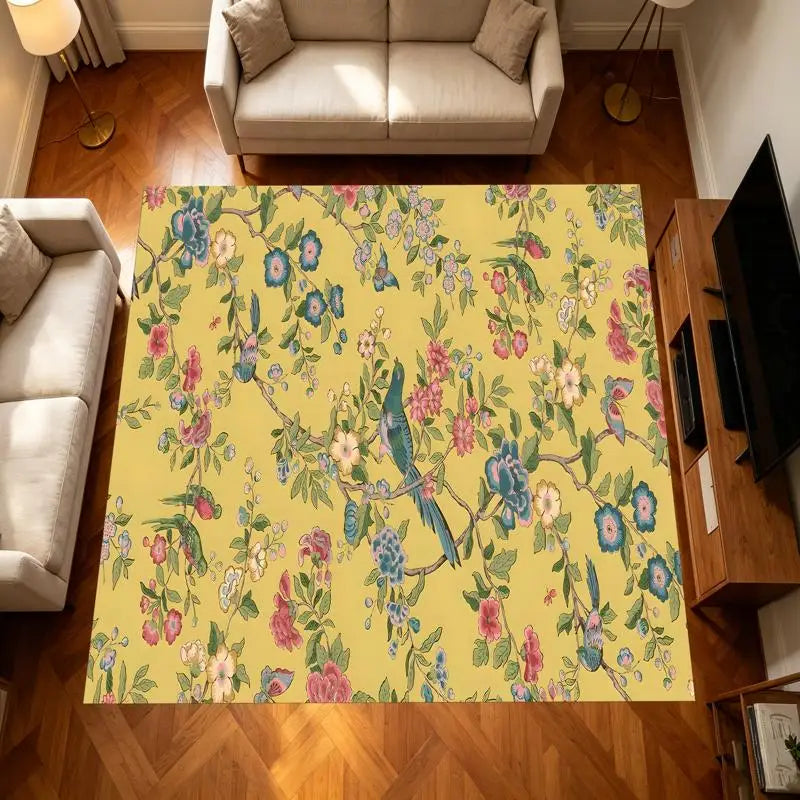 Yellow Floral Bird Area Rug – Six Sizes