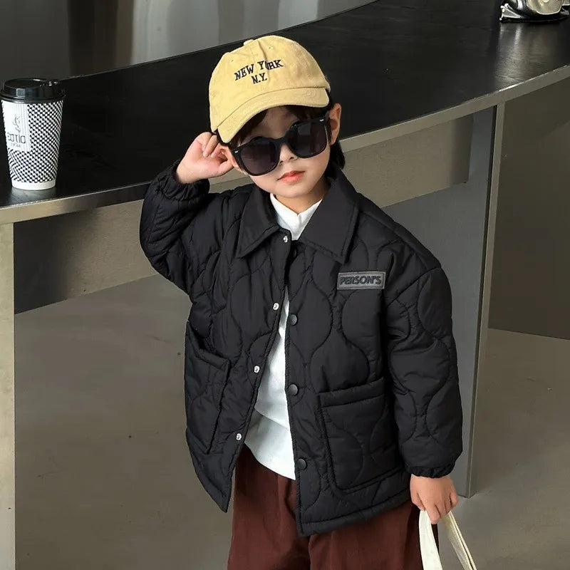 Autumn Kids Cotton Jacket Winter Boys Solid Color Thick Plus Velvet Warm Coat For 3-10 Years Teen Children Outerwear Clothing ﻿