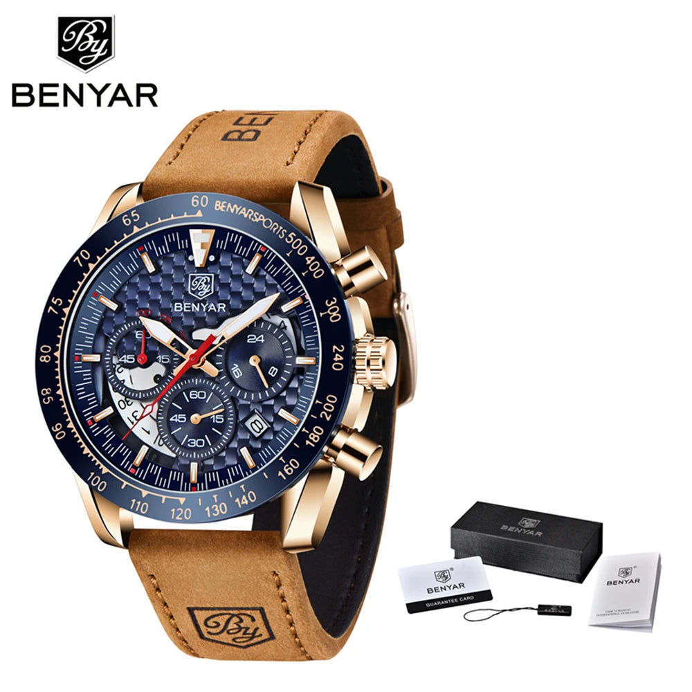 BENYAR Top Brand New Men Watches Leather Strap Luxury Waterproof Sport Quartz Chronograph Military Watch Men Clock Reloj Hombre