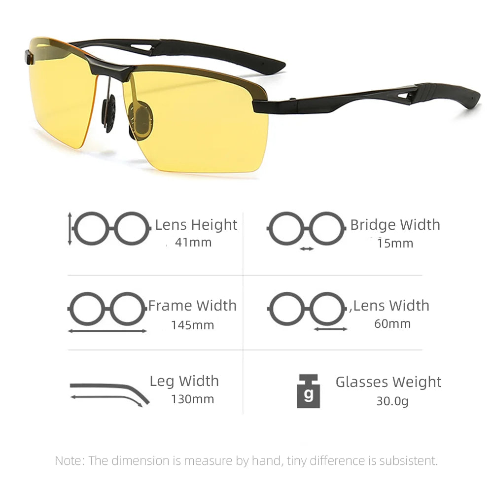 Men Day and Night Vision Glasses for Driving Yellow Polarized Lens Metal Rimless Frame UV400 Goggles Anti Glare Sunglasses