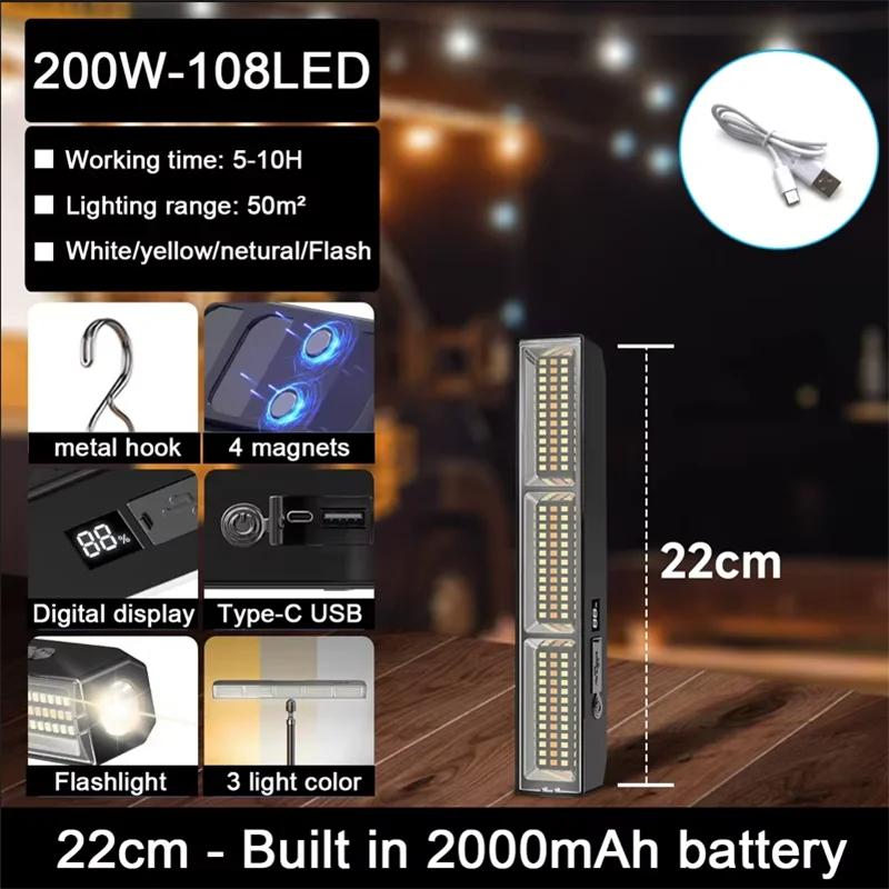 【High Power Magnetic LED Light Bar】2026 New Portable USB Rechargeable Work Light 3 Modes IP66 Waterproof Emergency Power Bank