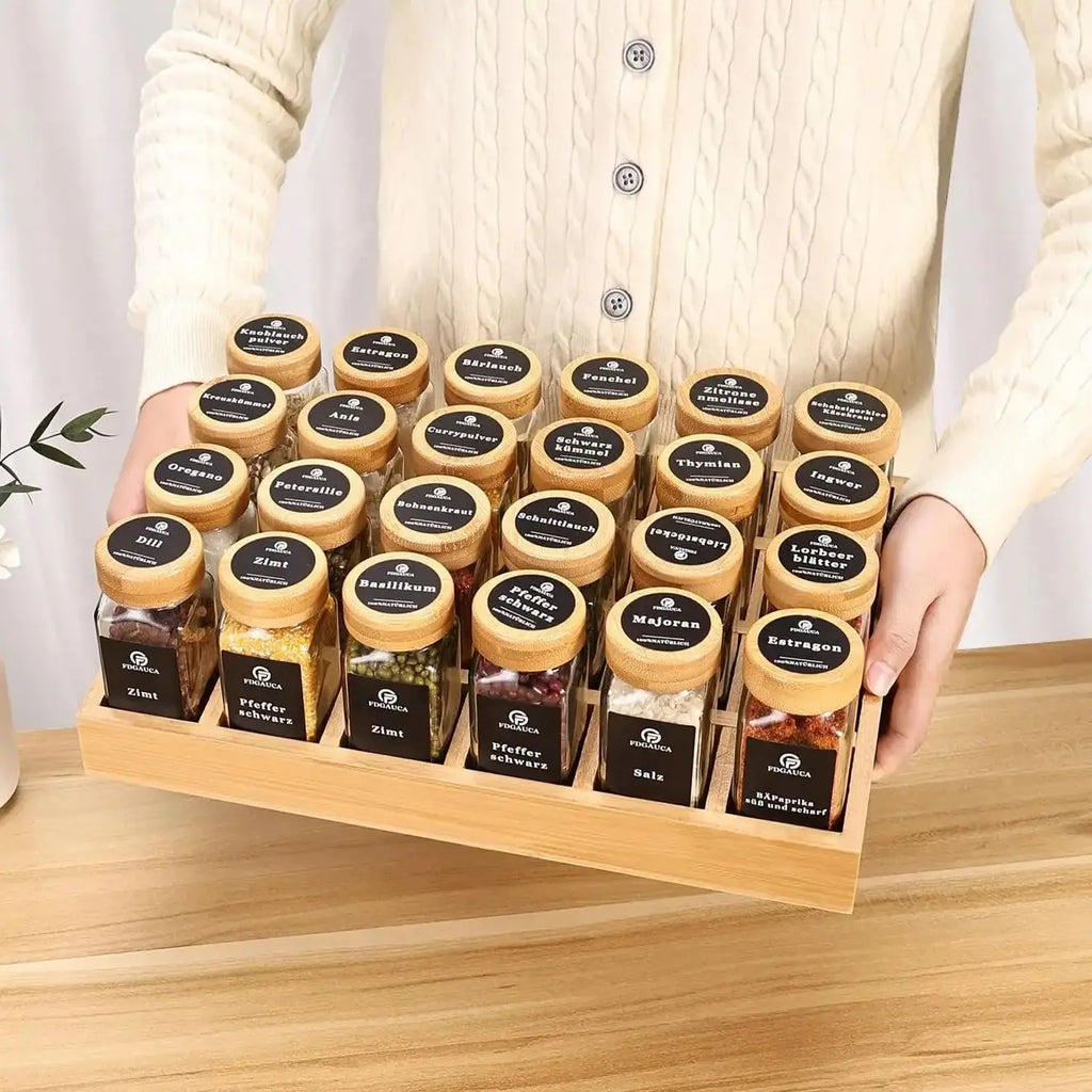 Spice jar set with bamboo rack, 12/24 glass jars with sealed bamboo lids, including labels and marker pens,kitchen organizers