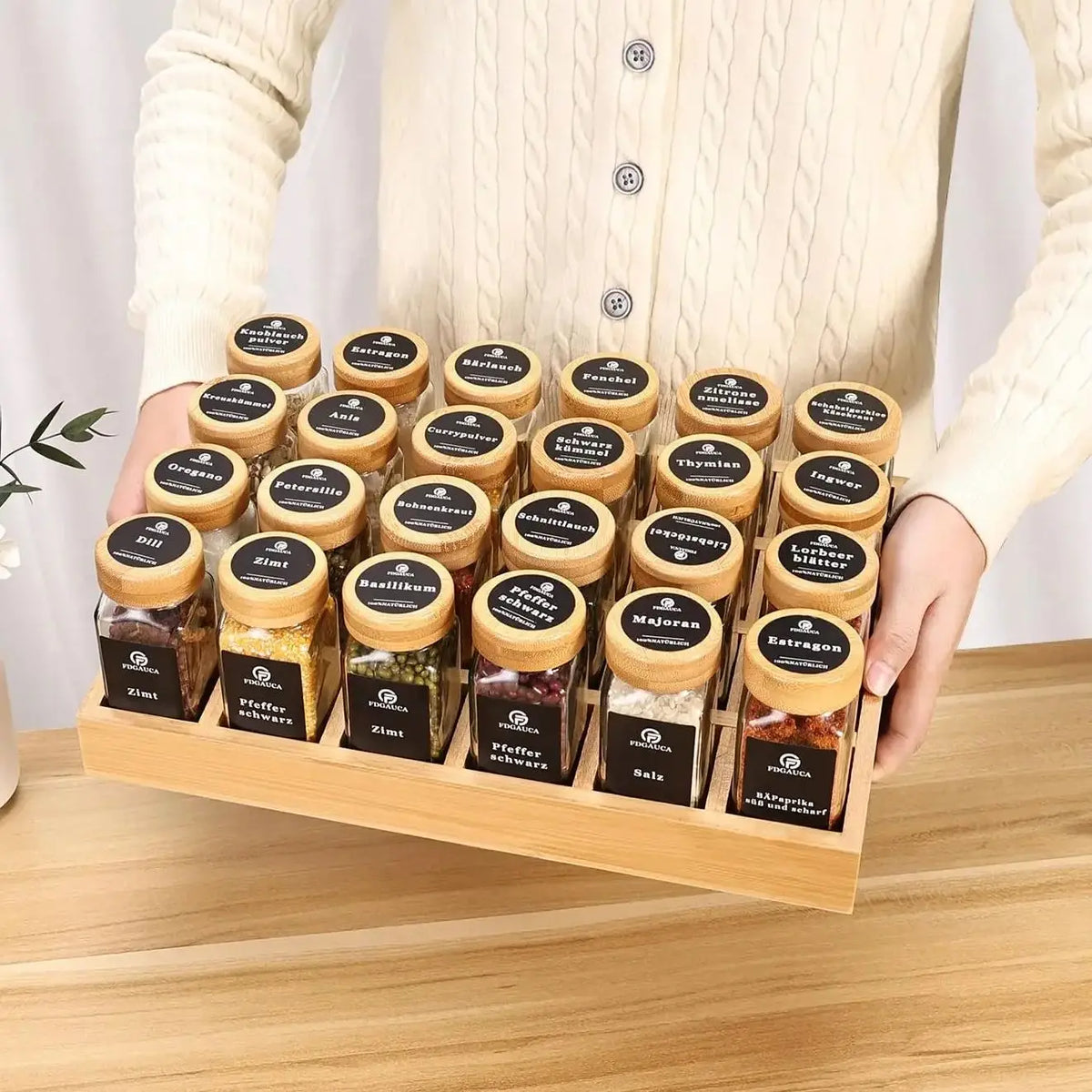 Spice jar set with bamboo rack, 12/24 glass jars with sealed bamboo lids, including labels and marker pens,kitchen organizers