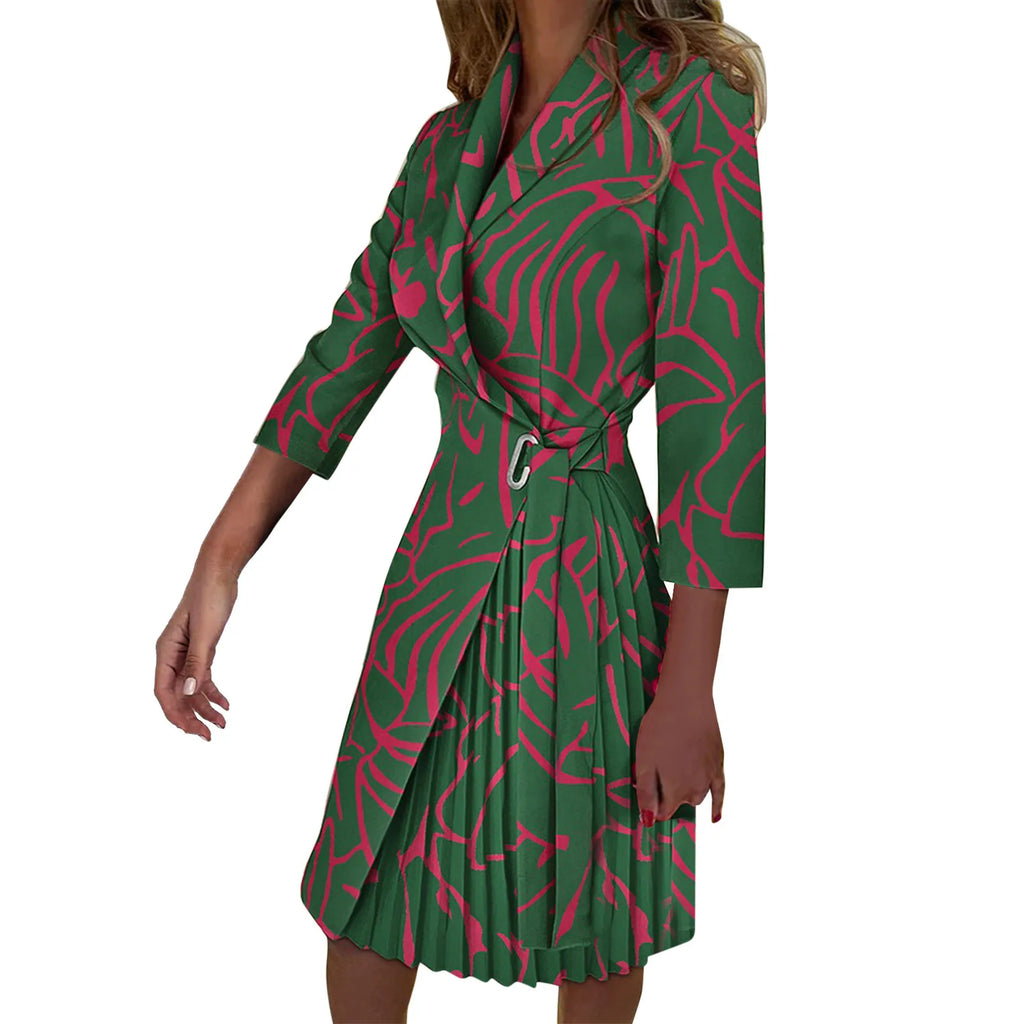 Autumn Fashion Women Patchwork Pleated Blazer Dress Elegant 3/4 Sleeve Lapel Lace-Up Dress Elegant Office Lady Slim Party Dress