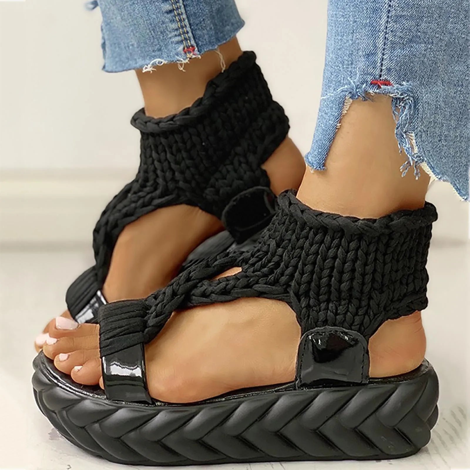 Sandals Women's Braided Knit O-Ring Fashion Platform Summer Gladiator Sandals Shoes Thick Heels Ladies Casual Sandalias Shoes