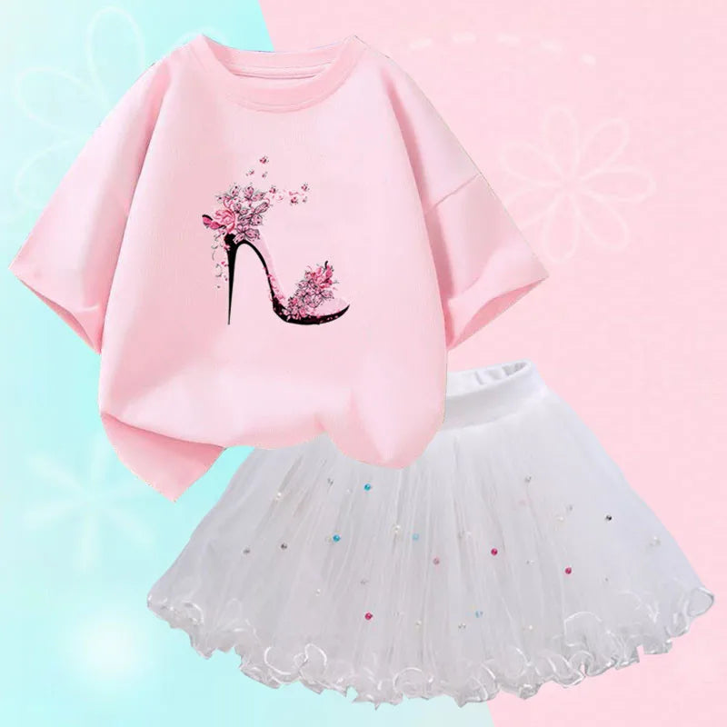 Fashion Summer Girls Outfits Pretty Ballet Dance Girl T-shirt and Tutu Skirt Set for Princess Clothes Suit Children Clothing