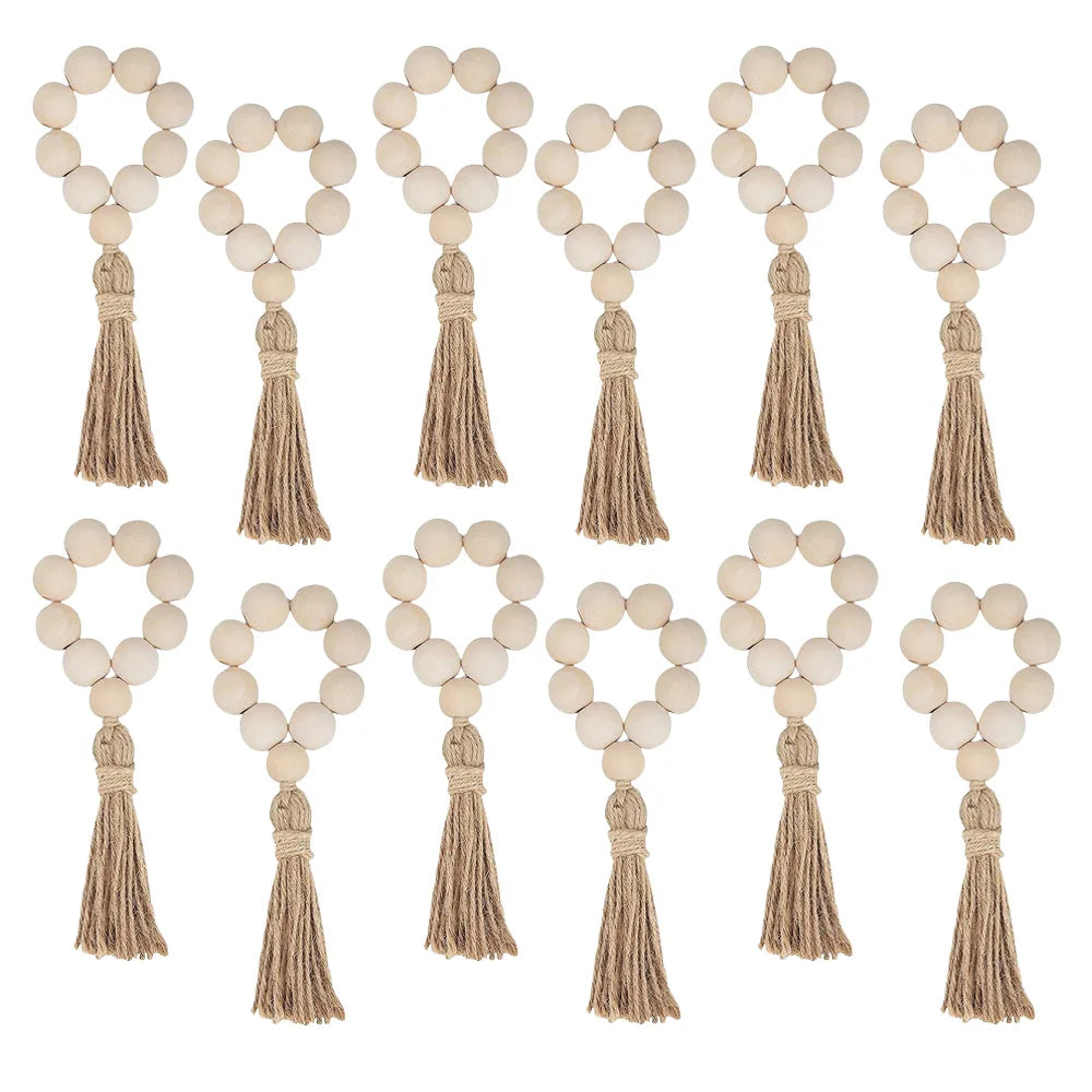 1/12PCS Wood Bead Napkin Rings Garland With Tassels Farmhouse Beads Rustic Country Table Napkin Holder Weddings Home Boho Decor