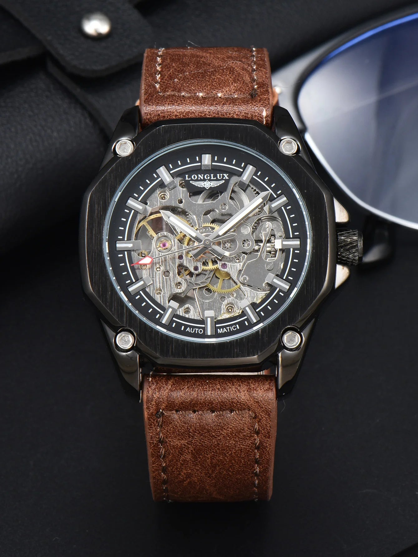 LONGLUX Automatic Watch Sport Style Wholesale Mechanical Wristwatches Fashion Hollow Leather Mens Watch Men Gift