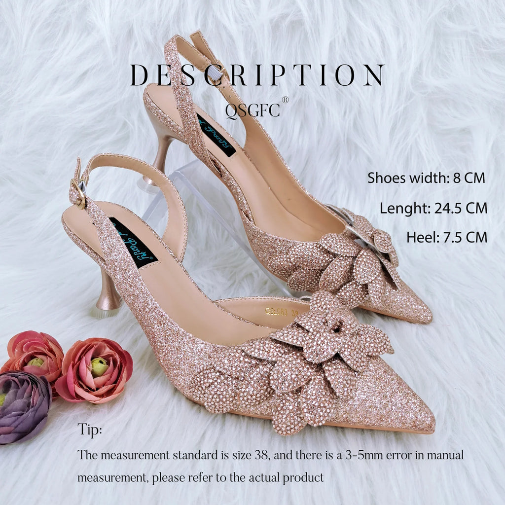New Sky Blue Satin Handmade Flowers Shoes And Bag African Women's Banquet Pointed Toe Heels Matching Shoes And Bag Wedding Party