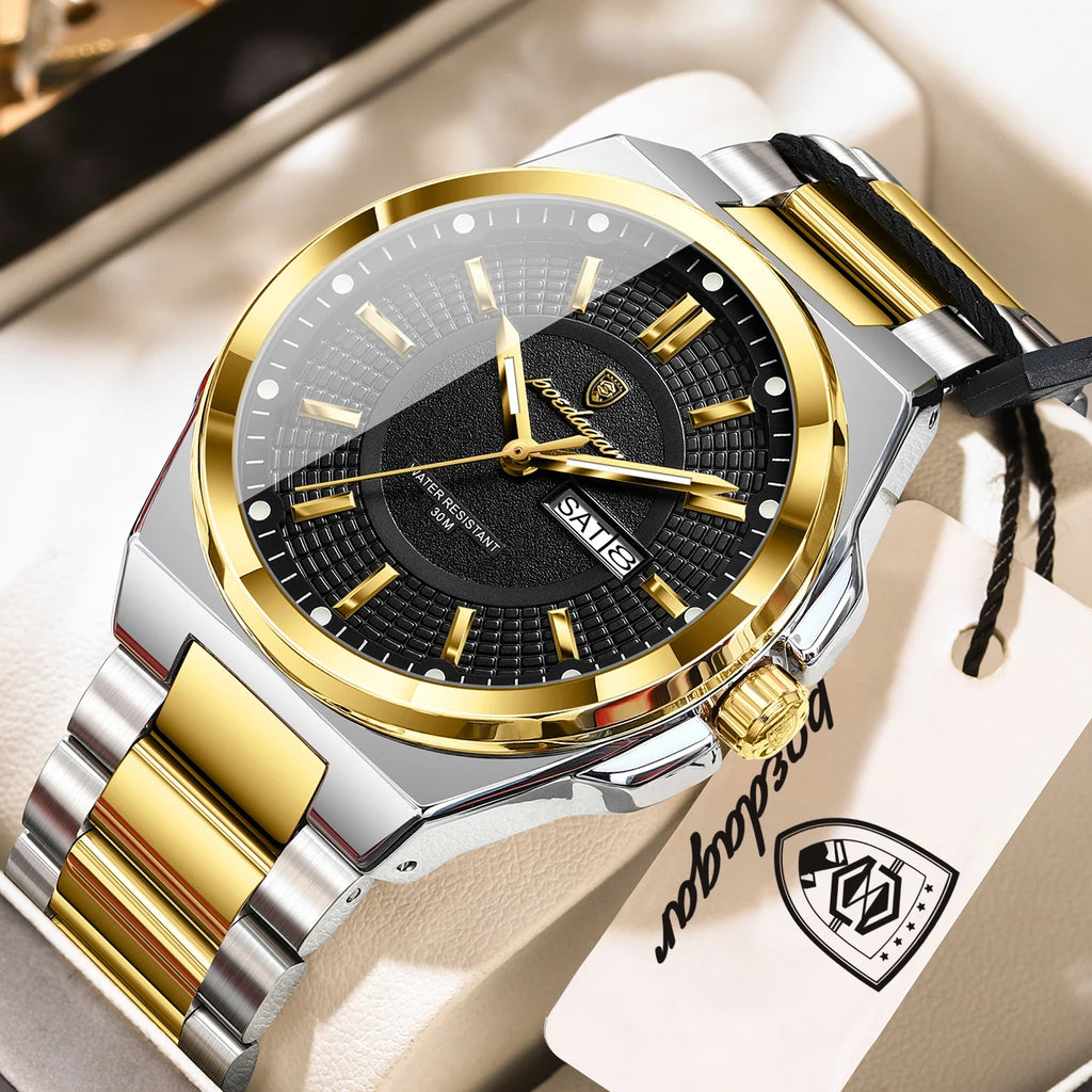 POEDAGAR Top Business Men Wristwatch Stainless Steel Waterproof Luminous Casual Man Watch Date Week Stylish Men's Quartz Watches