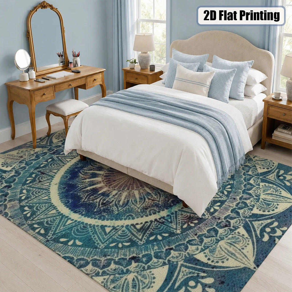 Large Indoor Area Rug, Soft Velvet Low Pile with Non-Slip Dotted Backing, Machine Washable, Blue Boho Mandala Pattern, Great for Living Room, Bedroom, Entryway Home Decor