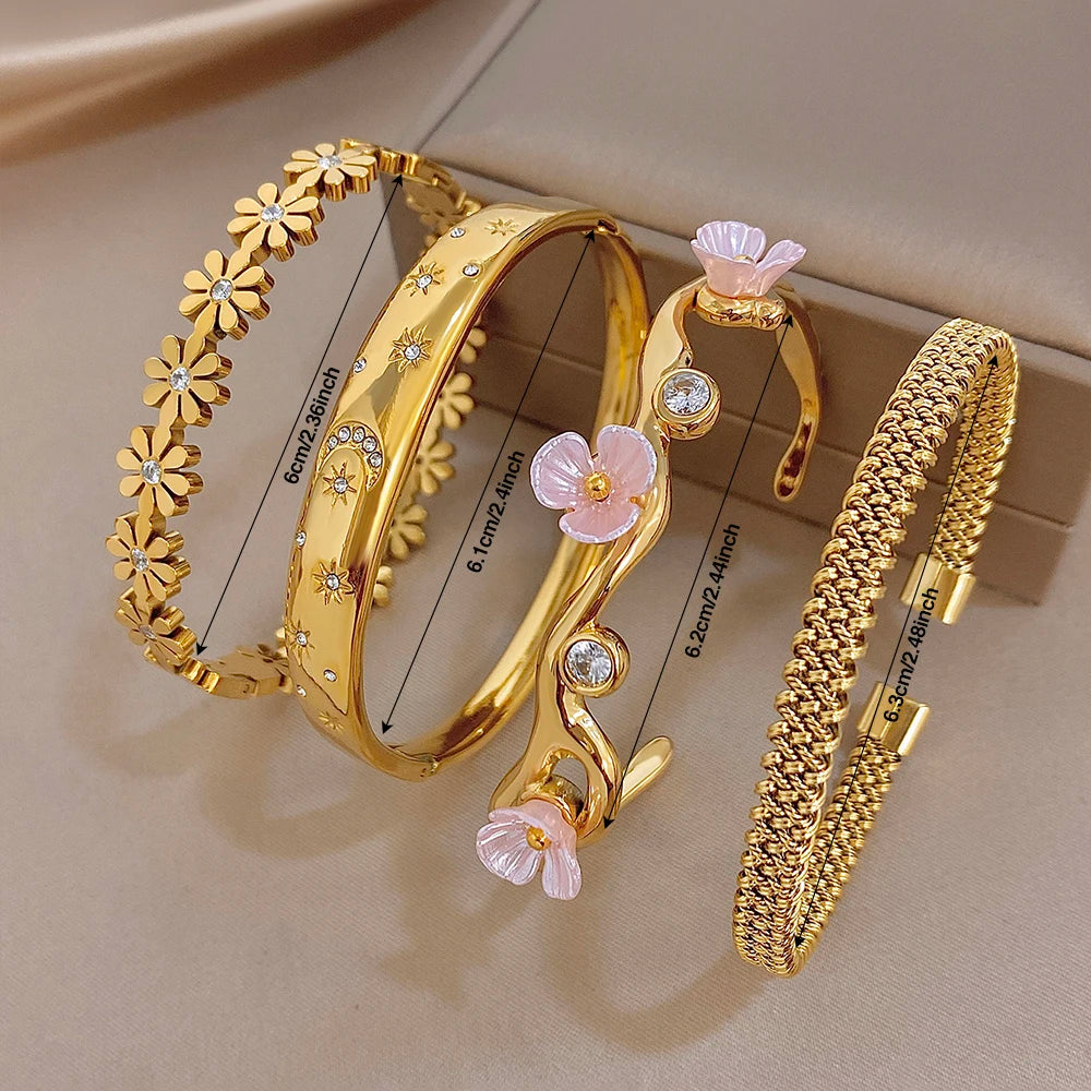 Delicate Zircon Flower Cuff Bangle Bracelets for Women Glossy Gold Plated Stainless Steel Wristband Bracelet Waterproof Jewelry