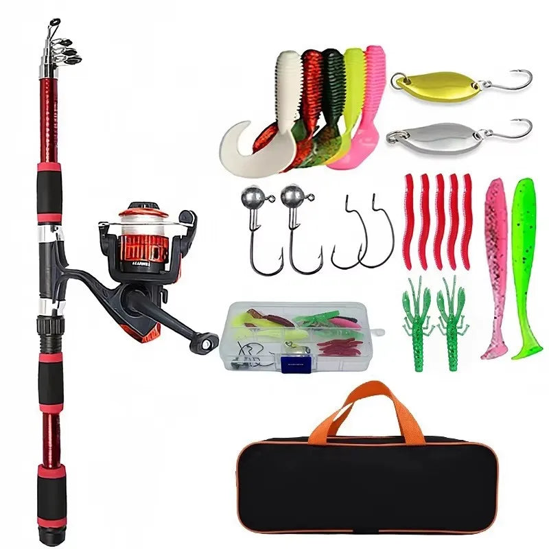 BRAVMACK Travel Telescopic Fishing Rod Full Kit Spinning Reel Baits Hooks Portable Outdoor Angling Pole Set
