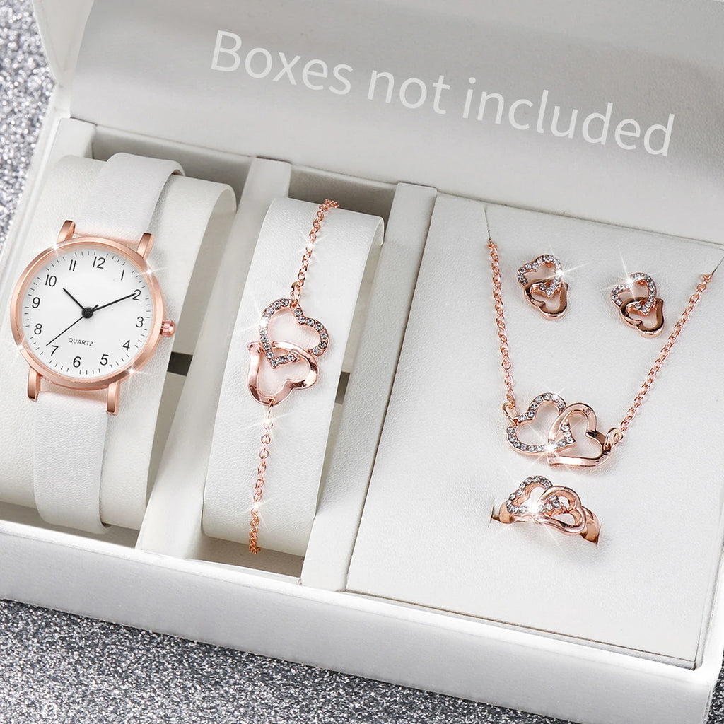 5/6PCS Fashion Women's Quartz Watch Leather Band Analog Quartz Watches with Diamond Jewelry (Without Box)
