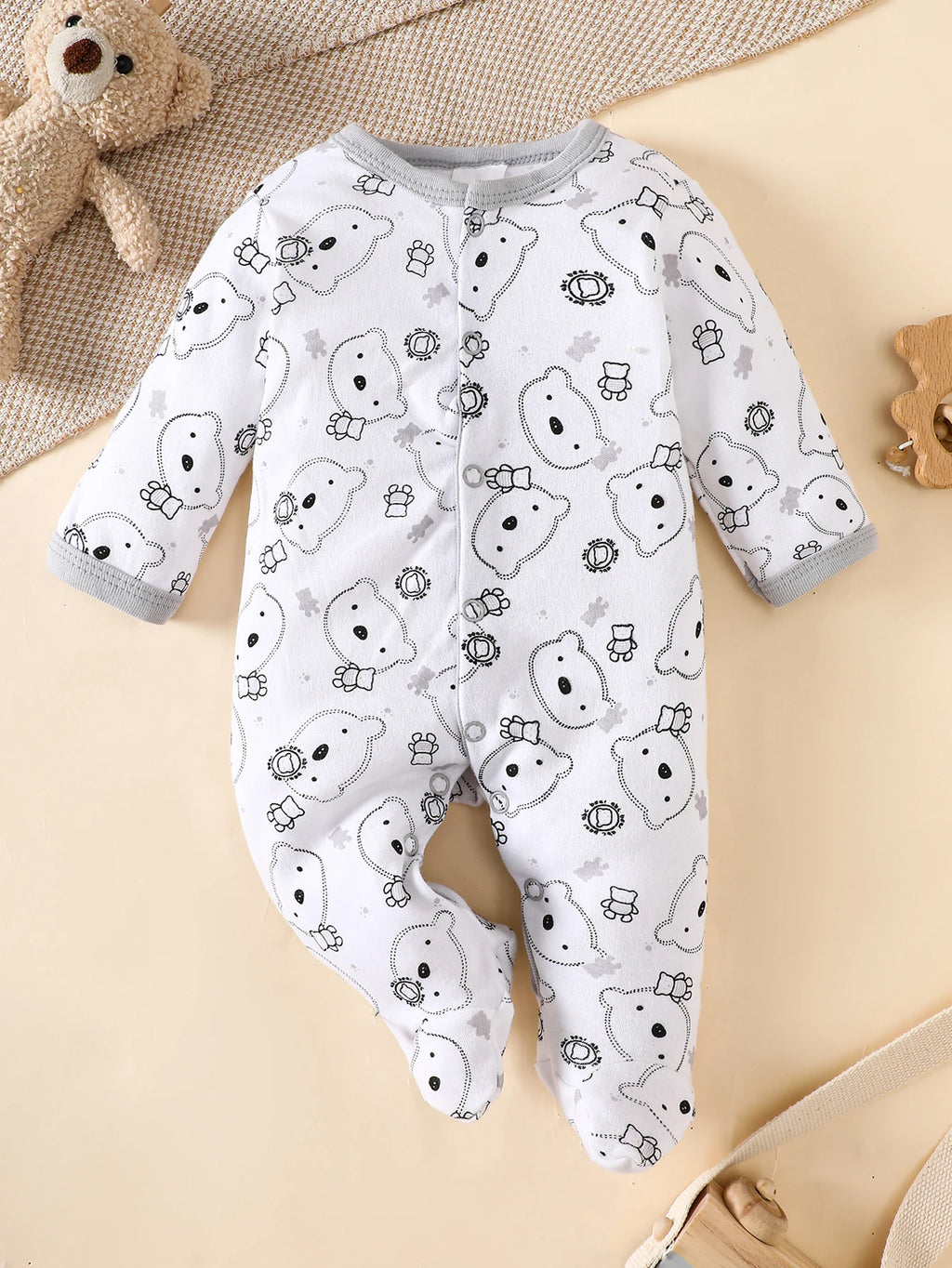 8-Piece Baby Romper Set | 100% Cotton | Cute Grey Bear Print | For 0-9M Infants