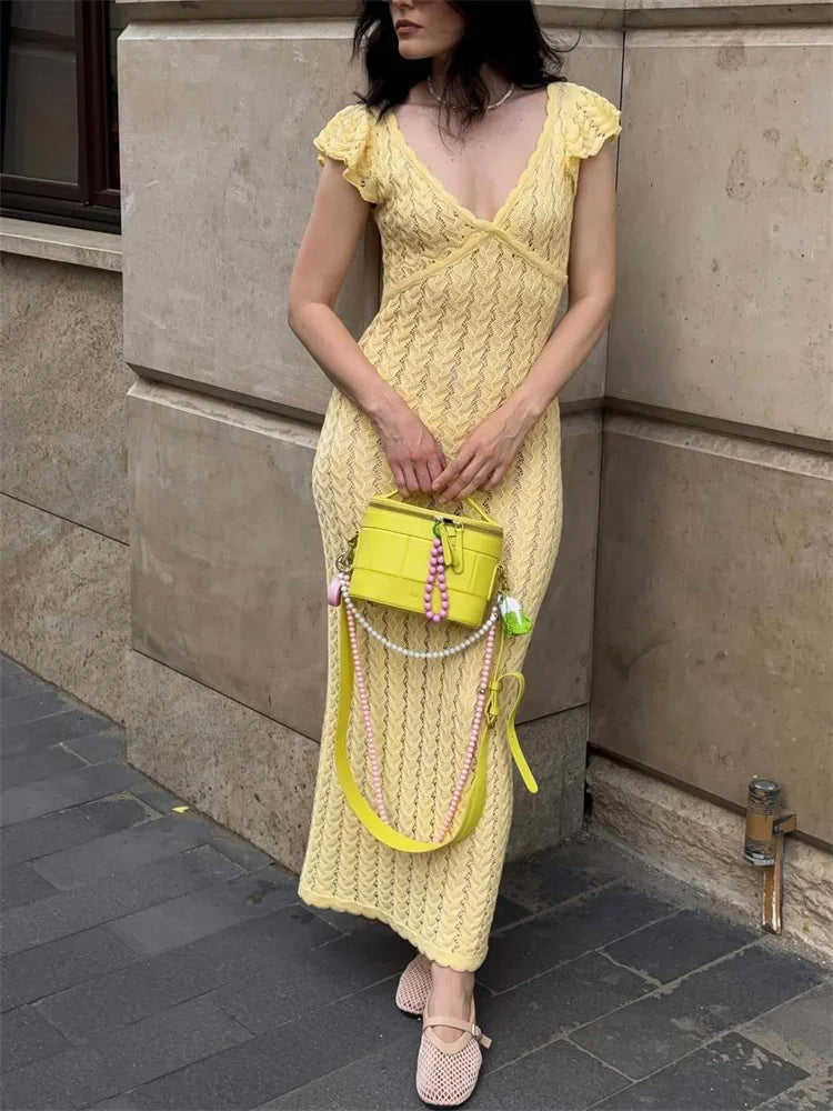 Tossy Ruffled Hollow Out Knit Long Dress Women V-Neck Fashion Patchwork See-Through Beach Holiday Dress Knitwear Female Dress
